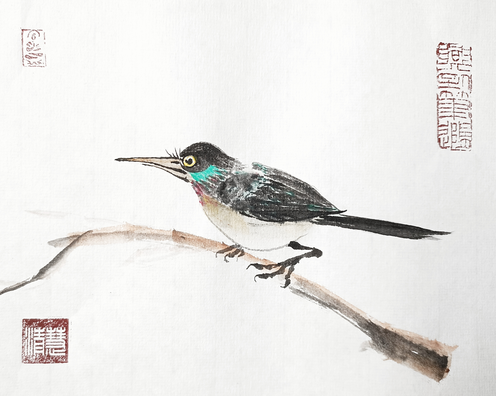 这是一幅小写意国画作品,题裁是鸟.画中的鸟儿神情专注,情趣盎然.