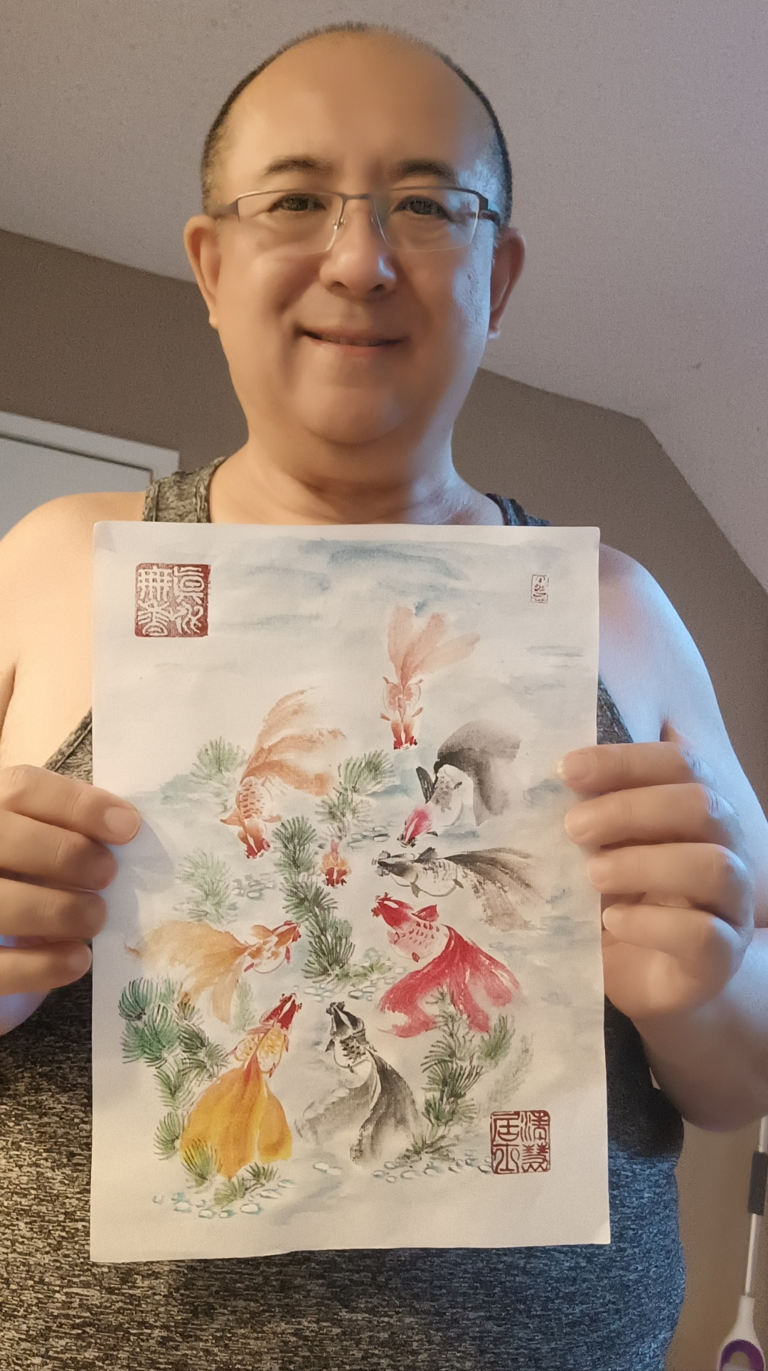 苏向东号清慧居士国画大写意九鱼图 有诗赞曰 清慧居士笔下生 九鱼游