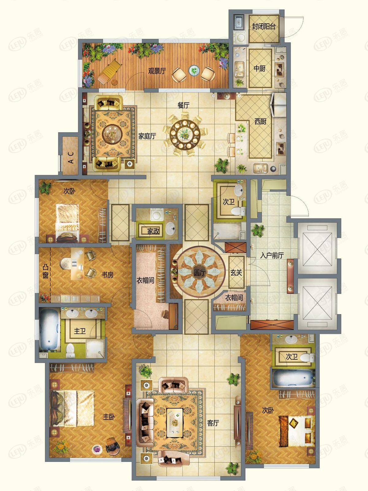 建筑面积269平方米,四室三厅三卫的豪华配置,让你拥有无尽的空间感和