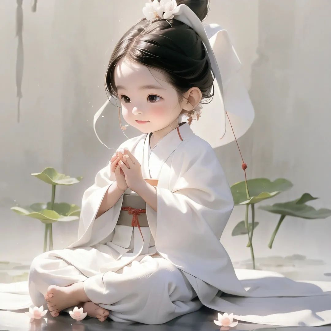 小女孩静坐在地,双手合十,仿佛在与世界对话