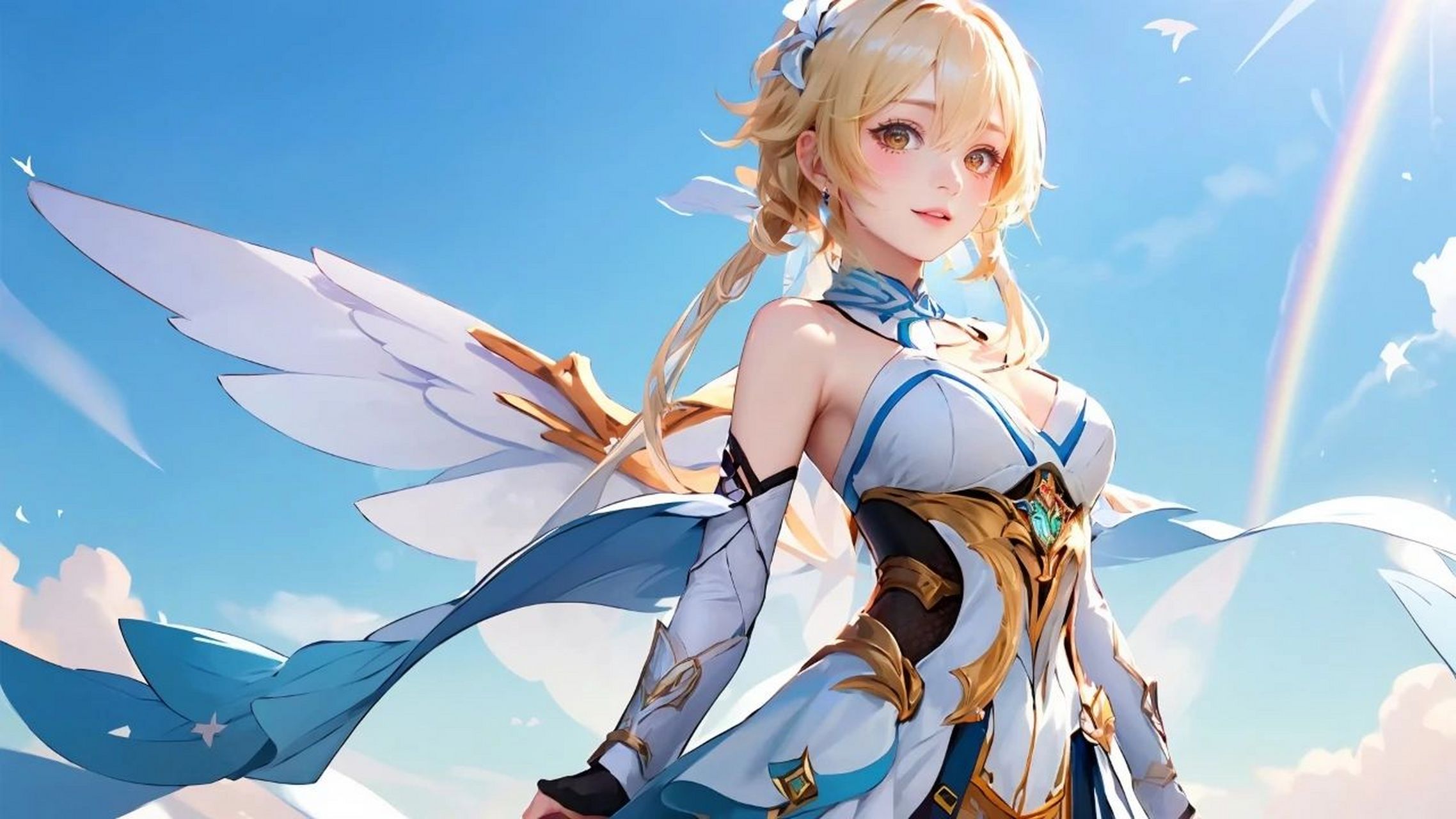 原神荧 壁纸(ai绘画) 草地上的98与山脉为背景,我被金发碧眼的美女