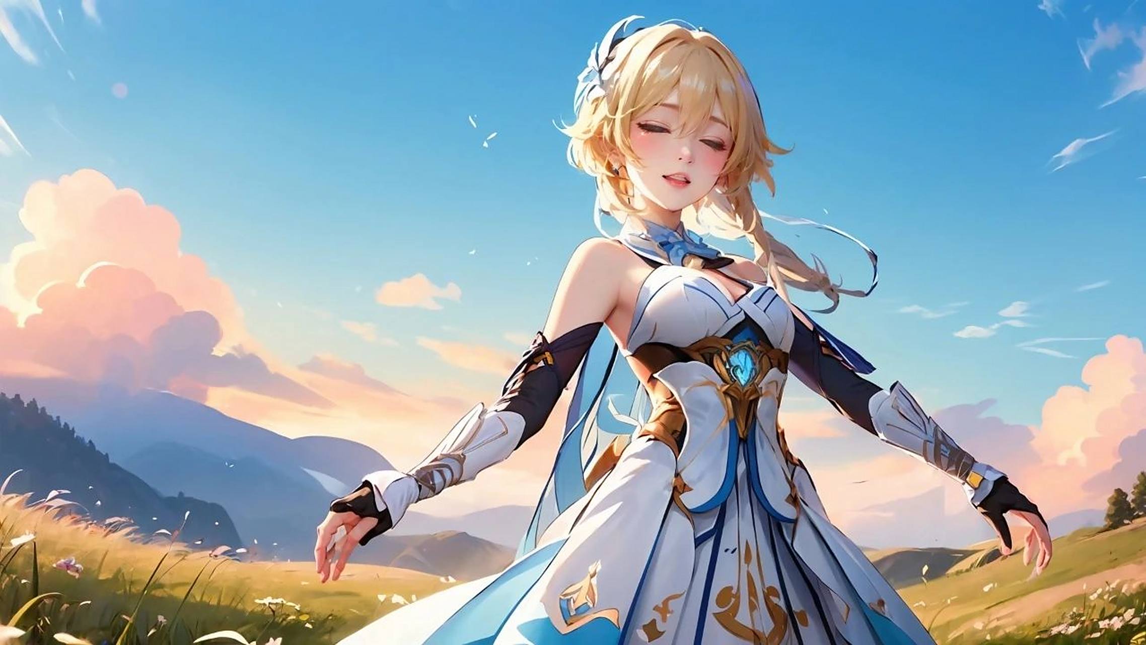 原神荧 壁纸(ai绘画) 草地上的98与山脉为背景,我被金发碧眼的美女