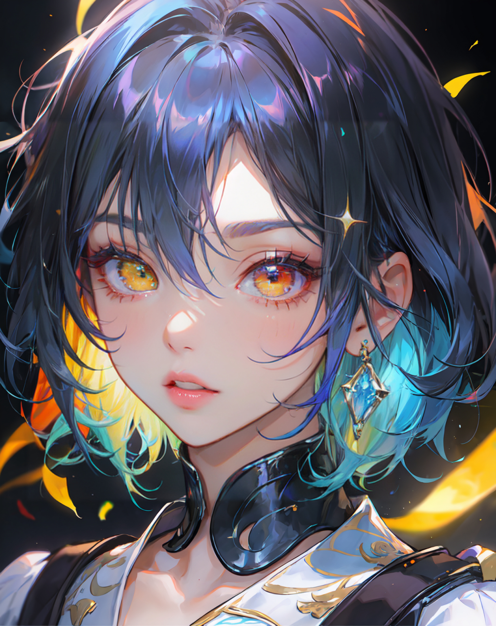 这位神秘女性角色,一头波浪黑发间夹杂着蓝色光泽,仿佛从深海跃出,又