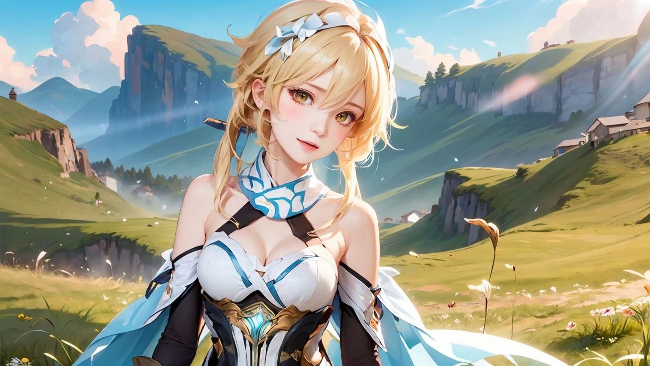 原神荧 壁纸(ai绘画) 草地上的98与山脉为背景,我被金发碧眼的美女