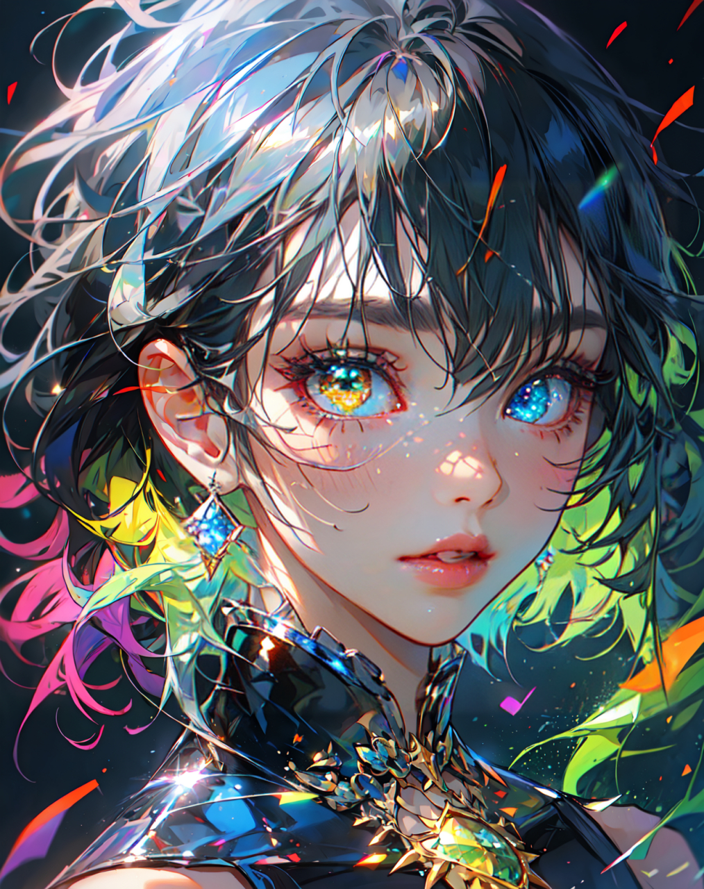 这位神秘女性角色,一头波浪黑发间夹杂着蓝色光泽,仿佛从深海跃出,又