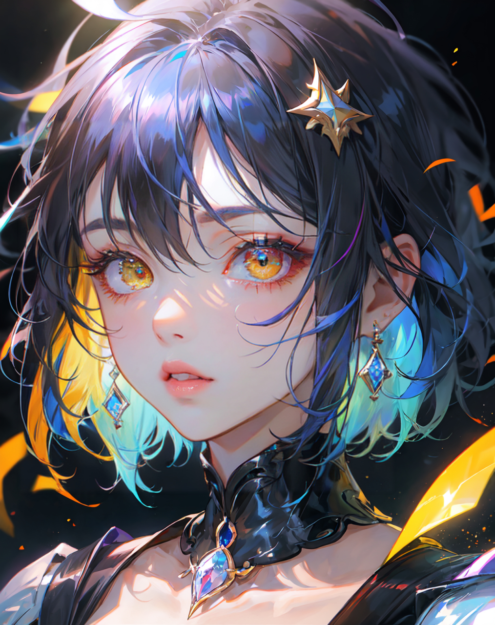 这位神秘女性角色,一头波浪黑发间夹杂着蓝色光泽,仿佛从深海跃出,又