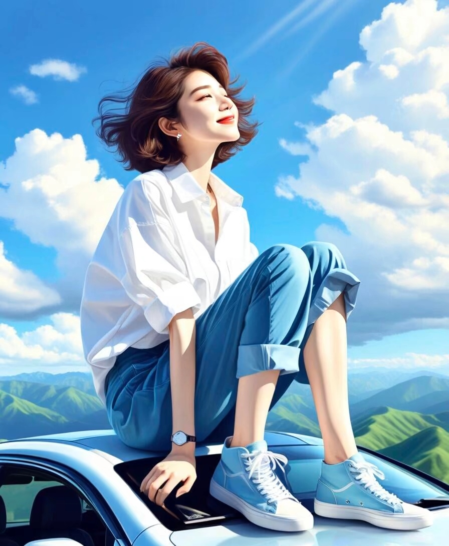 蓝天白云下,我坐在车顶,风吹过,是自由的味道.