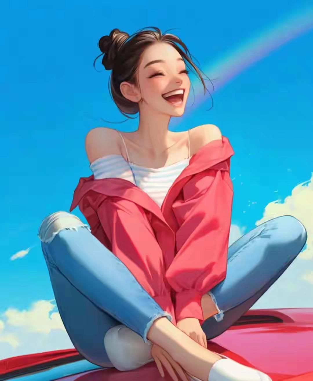 蓝天白云下的快乐女孩,粉红条纹衫配破洞牛仔裤,青春洋溢,坐在车顶