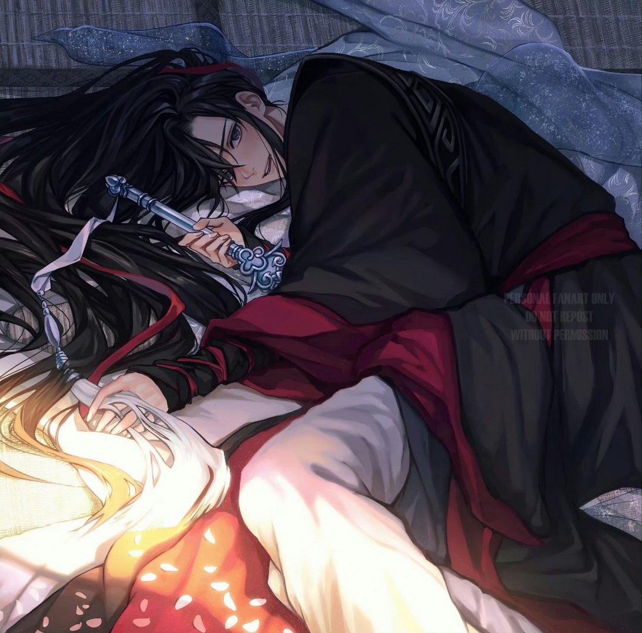 怀里是避尘吧,原来羡羡这么喜欢,压在身下的衣服一看就是蓝湛的.