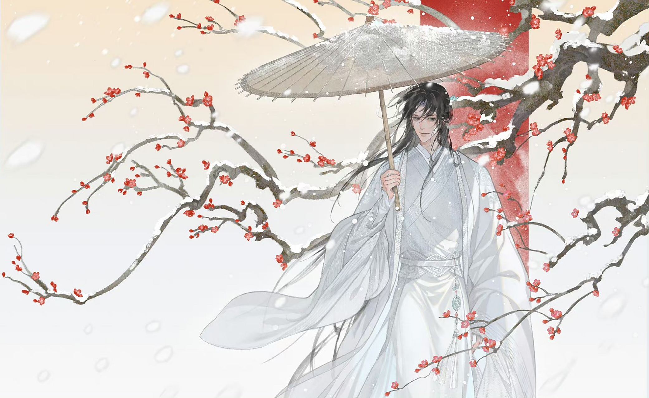 黑发如墨,雪衣如华,苏世誉独自踩过积雪稳步而来,撑一把紫竹骨伞,风