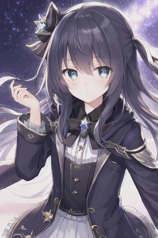 90 夜空之下,星星闪烁,一位黑发蓝眼的动漫女孩静静站立