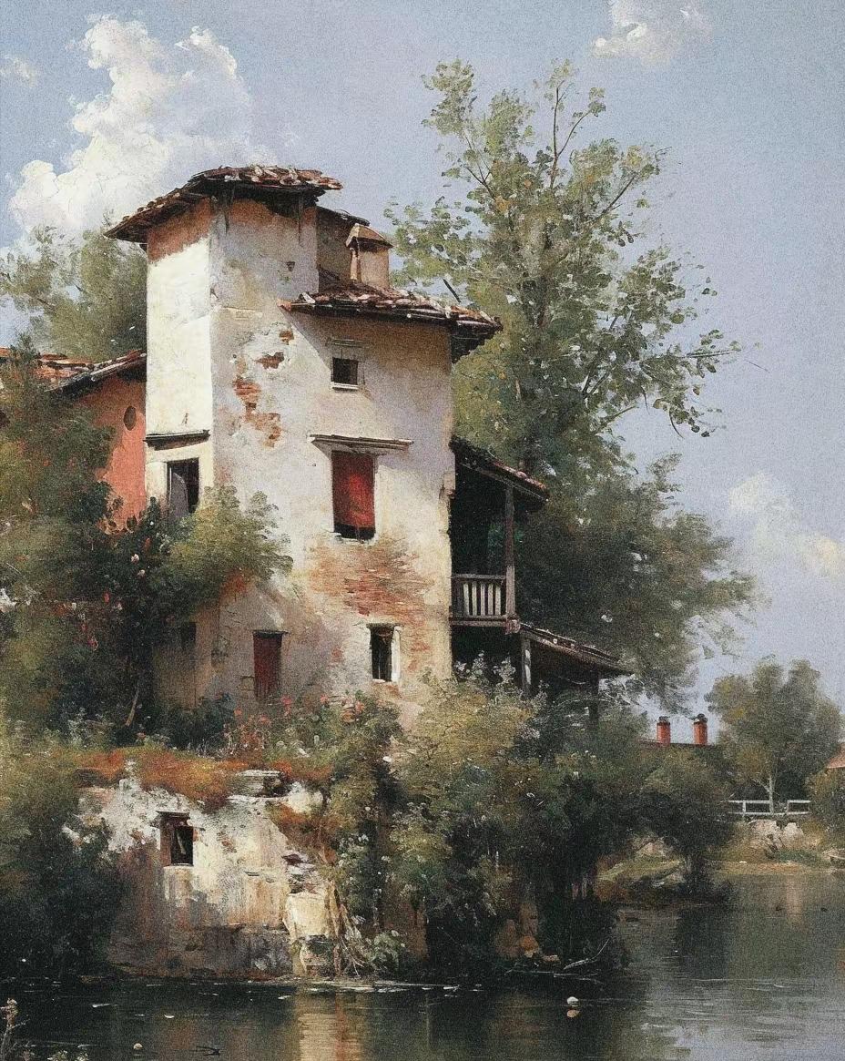 这幅油画中,古朴的小房挺立在河边,河水悠悠流淌着,这种场景太适合画