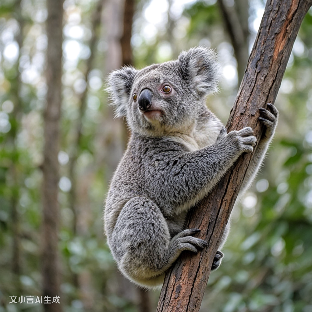 这张图片展示了一只可爱的考拉紧紧地攀附在一棵树干上