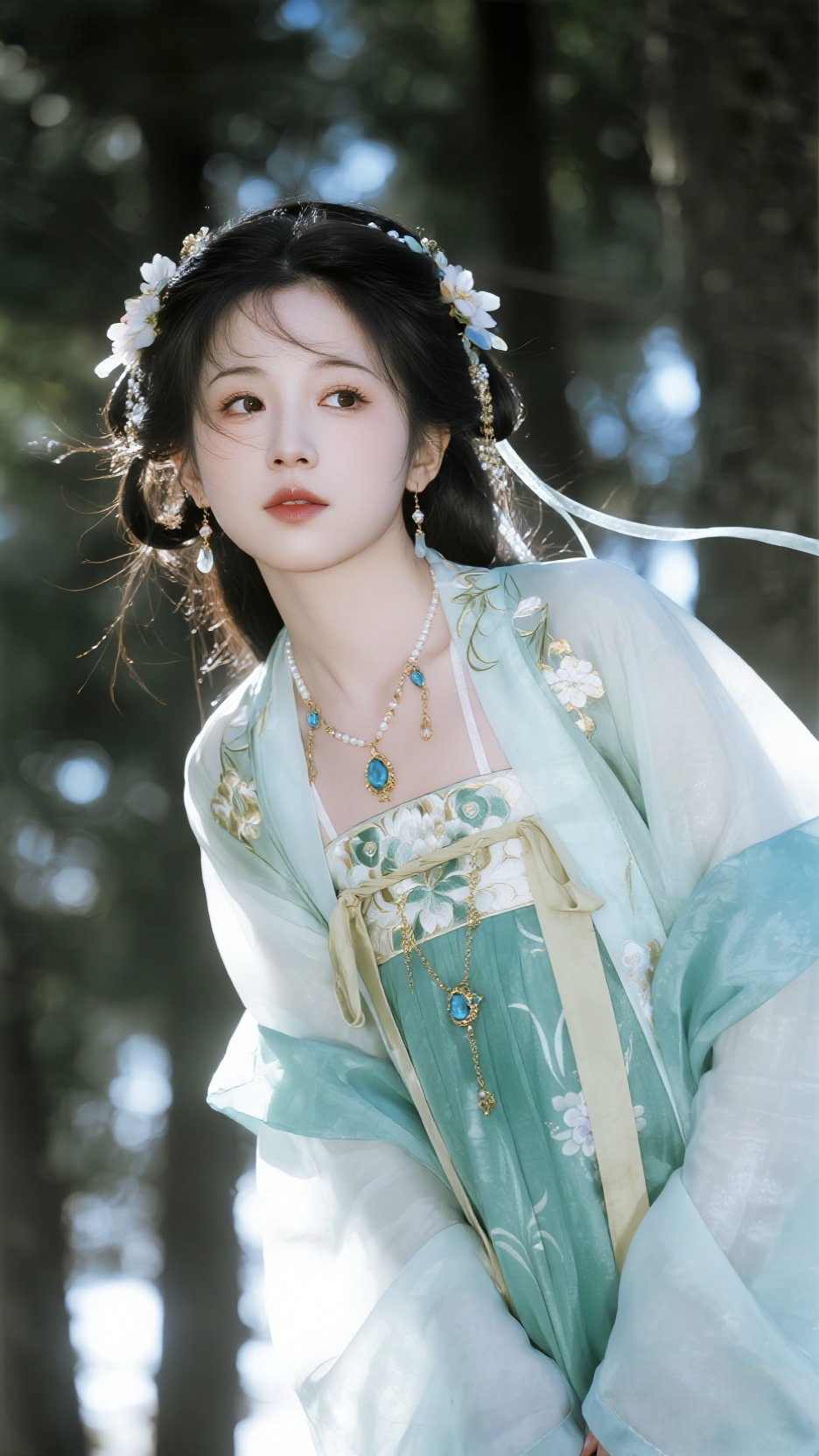 女子身着古典服饰,青色轻纱飘逸,金饰点缀其间,尽显华贵