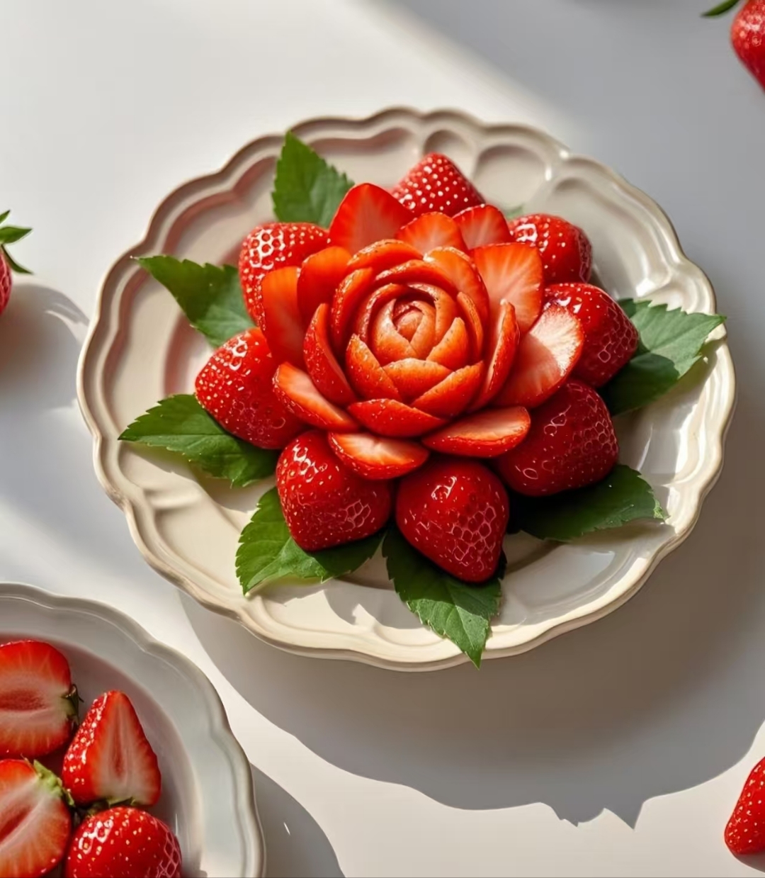 看这草莓被做成花!红果配绿叶,摆盘子里老好看了