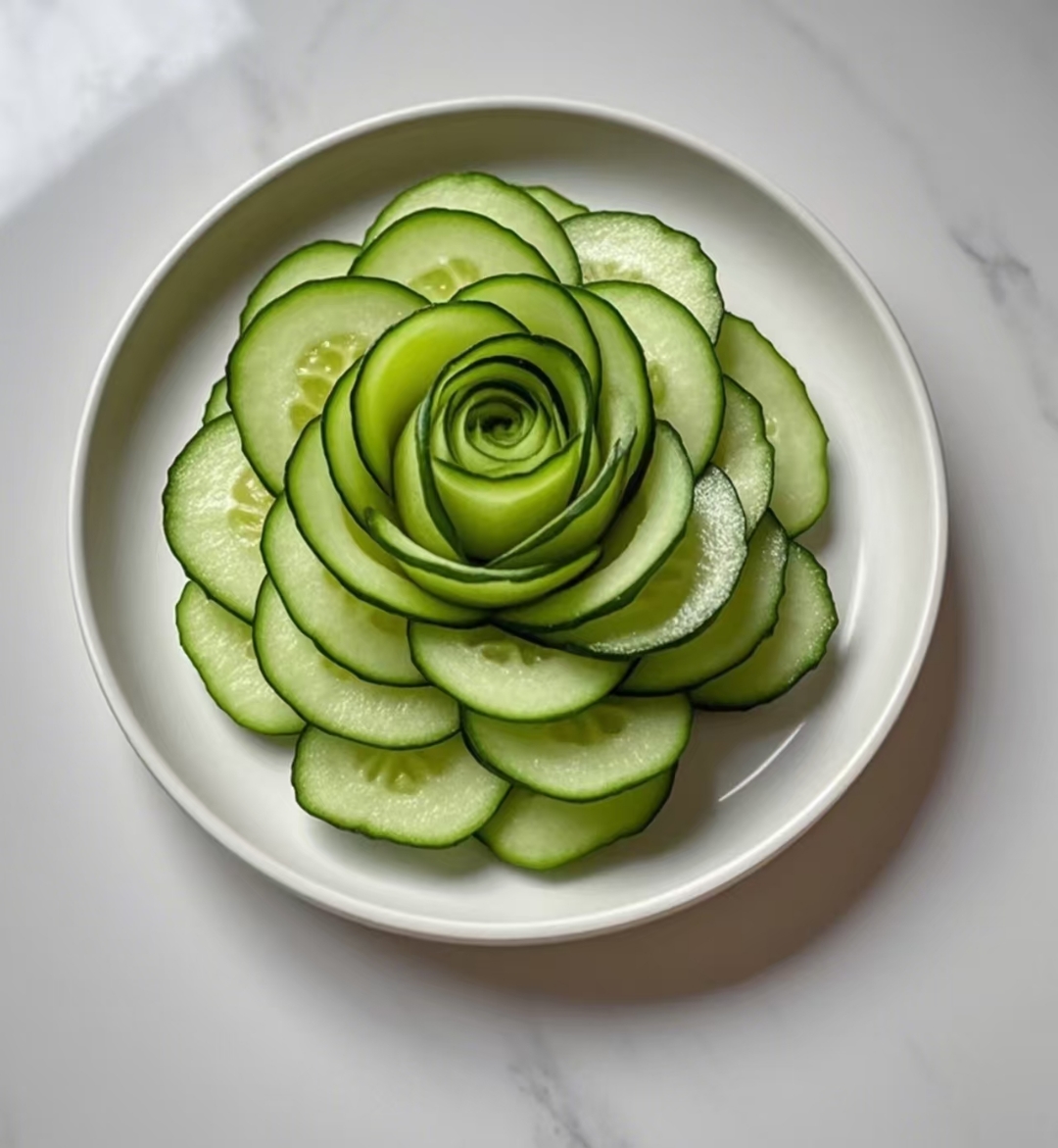 黄瓜切片卷成浪漫玫瑰,平凡的食材在巧思中绽放诗意