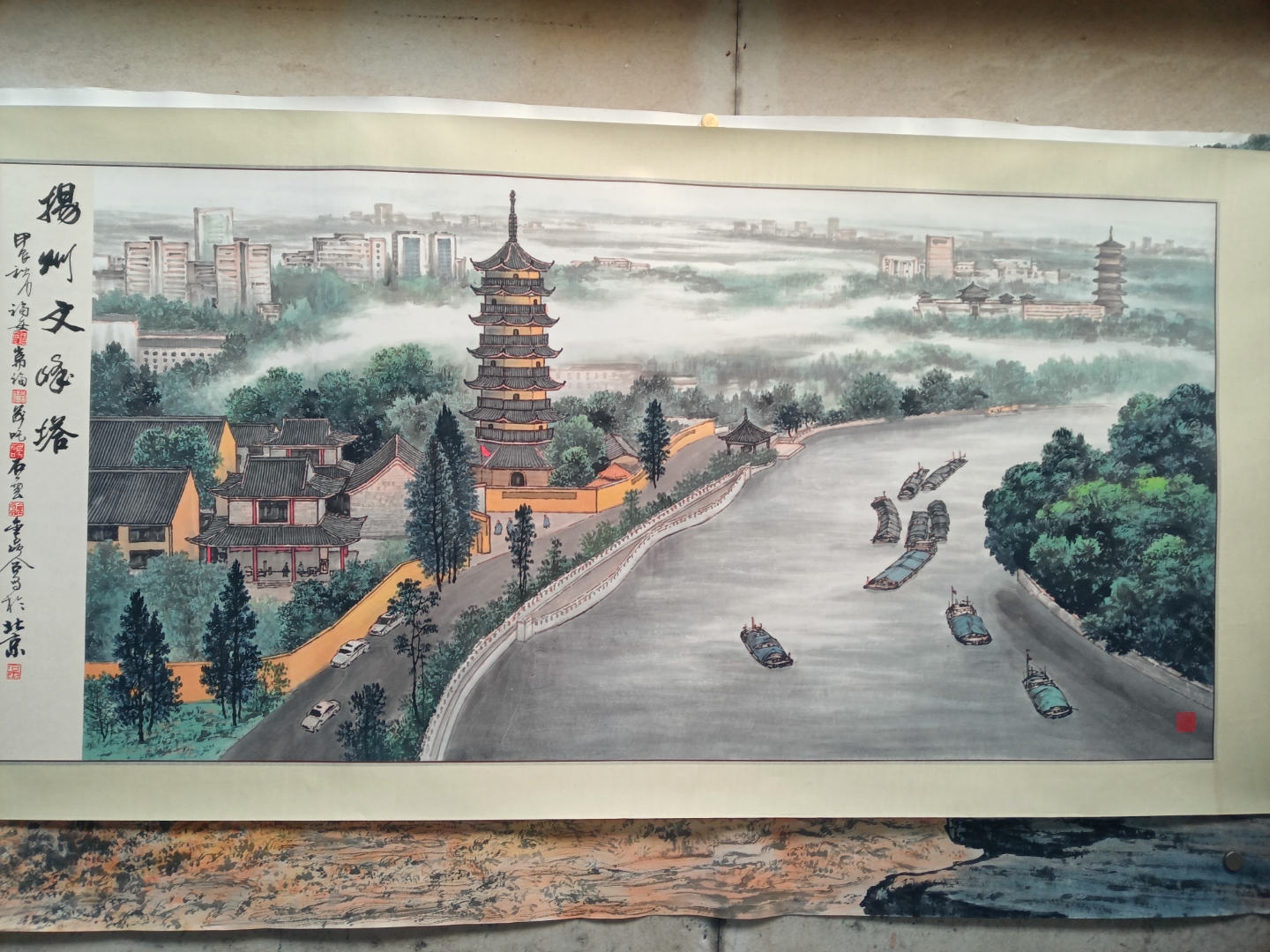 大运河壁画运河两岸风景豆子画驻马店风景画杏坛吕地水乡手绘画描述
