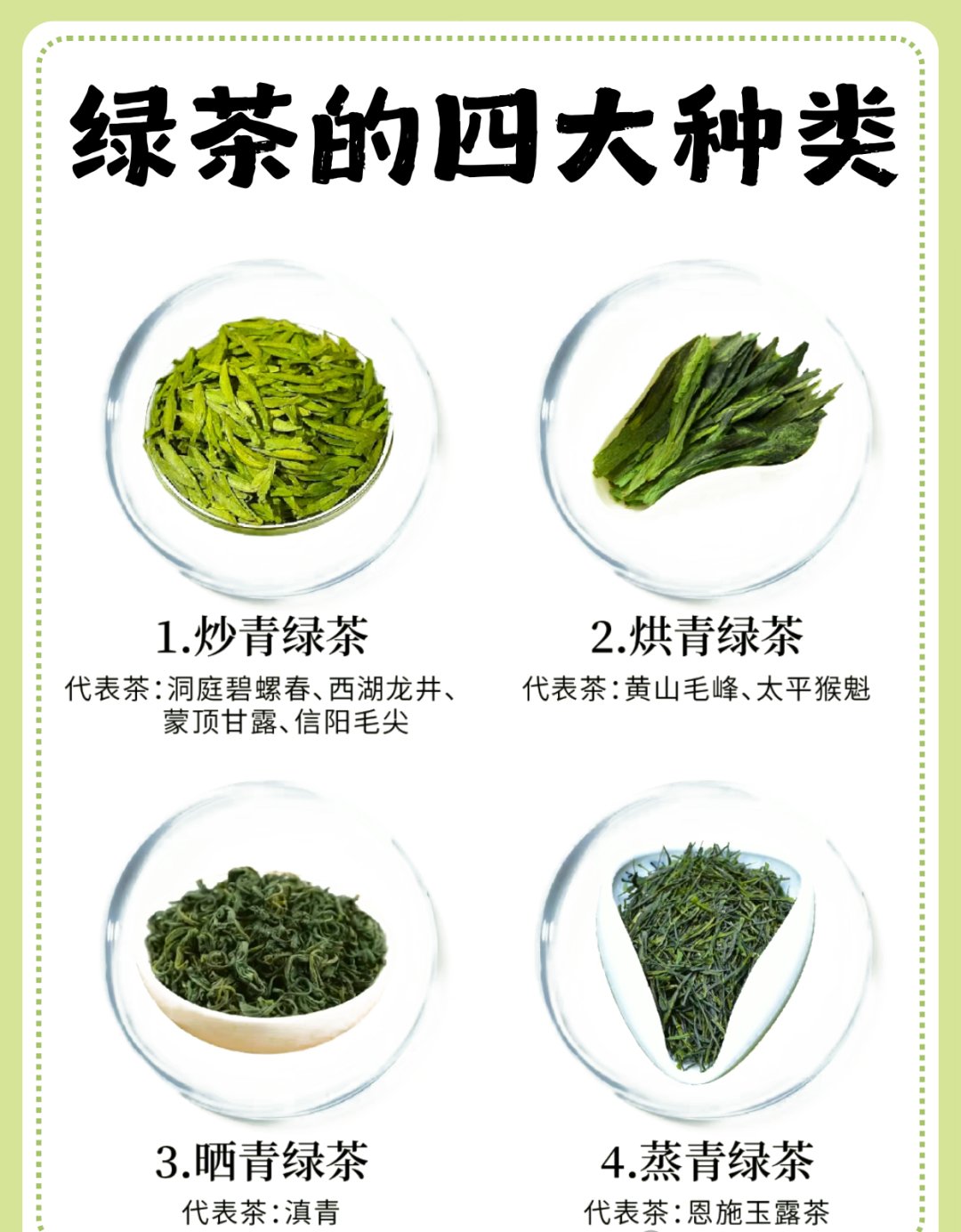 炒青绿茶产量最大,像西湖龙井,信阳毛尖等