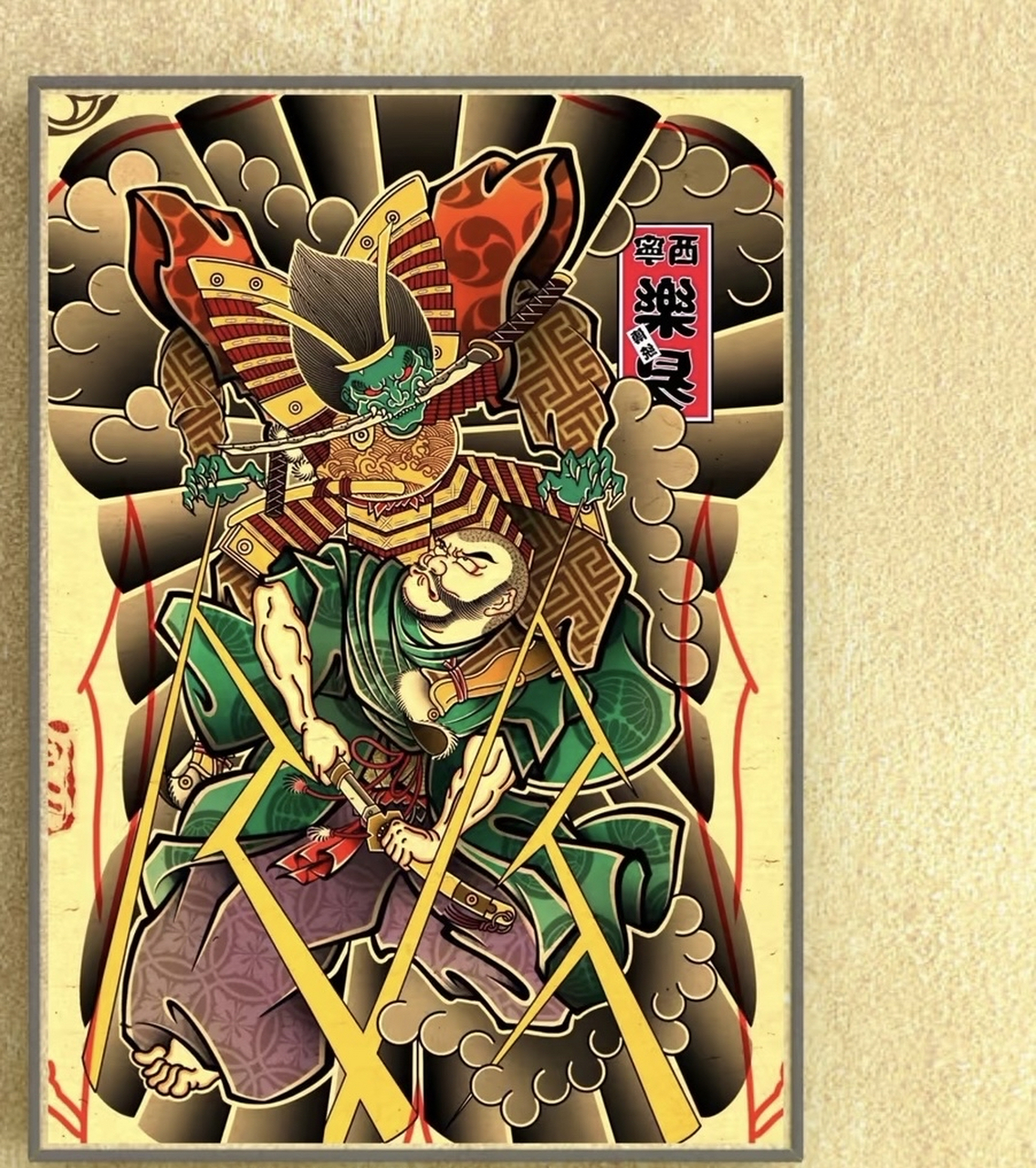 这幅日式武士的纹身手稿,简洁而精致,犹如一幅流动的画卷