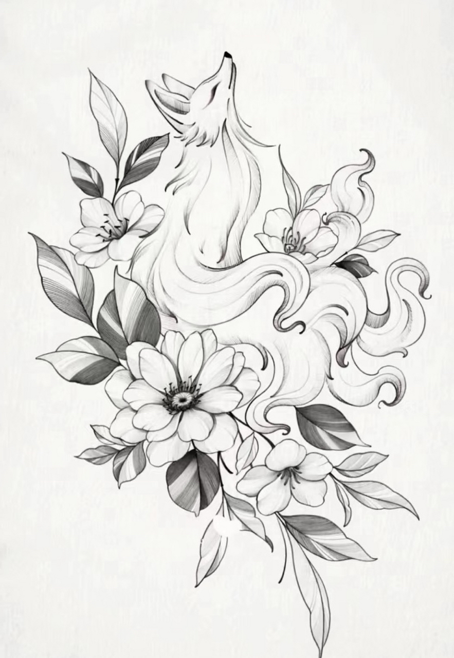 "天津针牛刺青,九尾狐纹身图,真是美轮美奂!