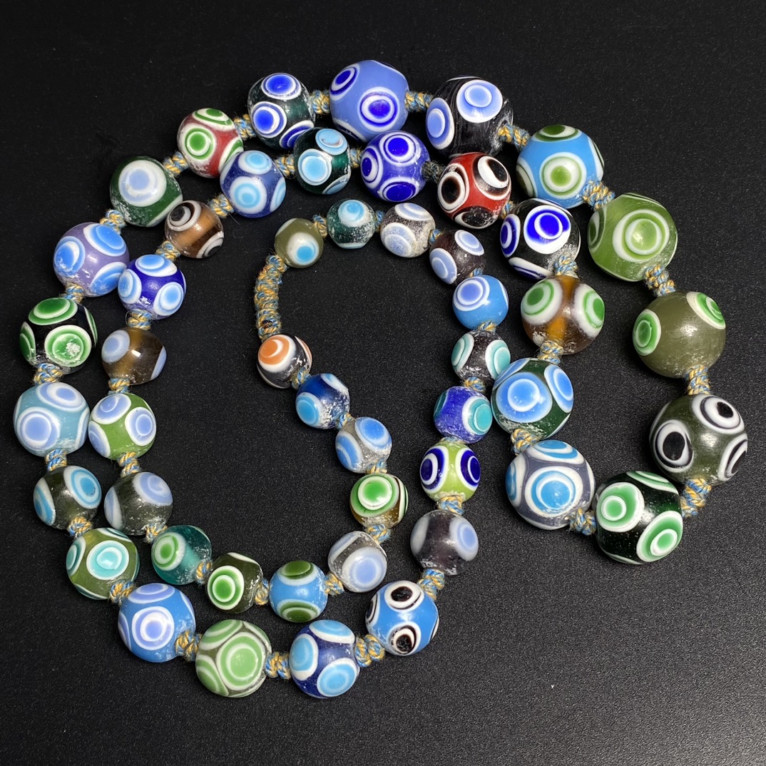 回流老琉璃多宝蜻蜓眼佛珠项链 尺寸约:最小9毫米 最大15毫米 蜻蜓眼