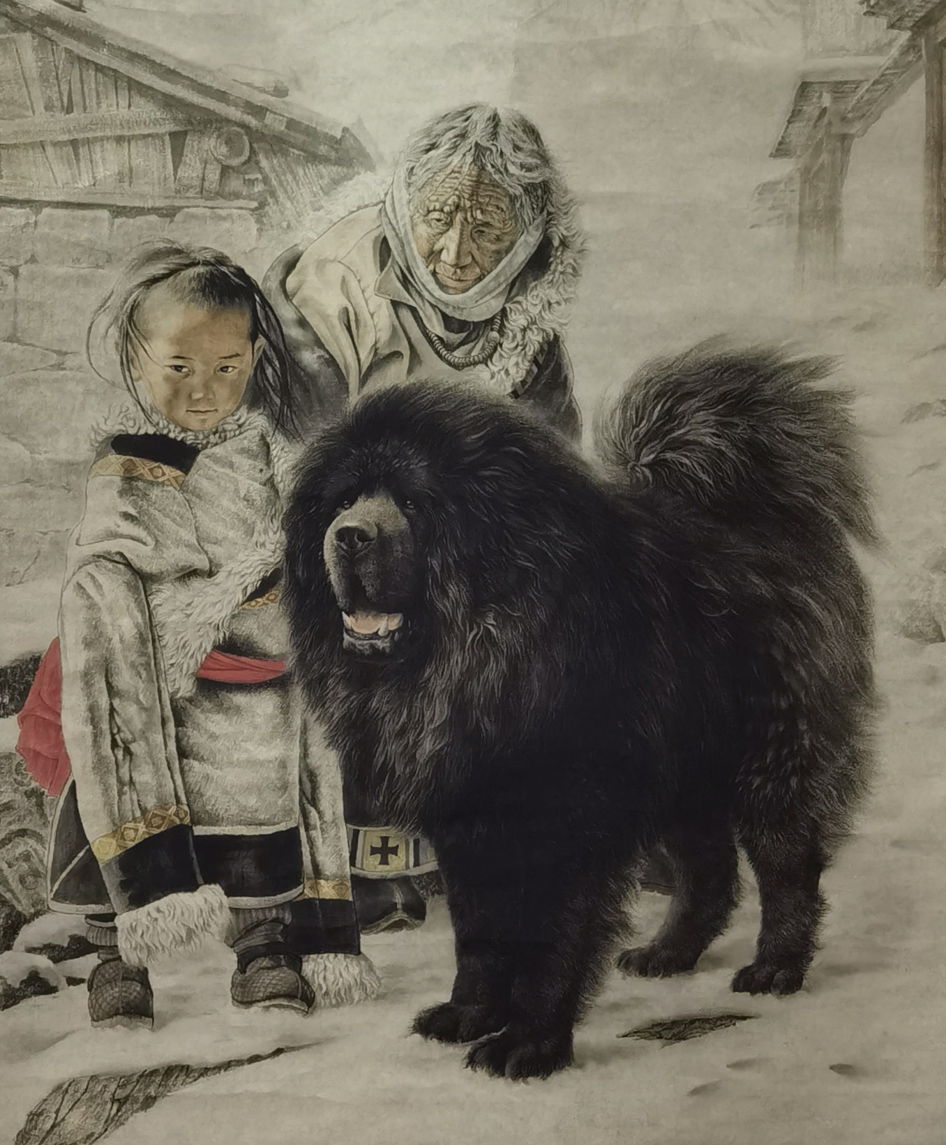 唐坚精品画作藏族老奶奶,小孙子和藏獒犬.画面真实感人. 尺寸五平尺