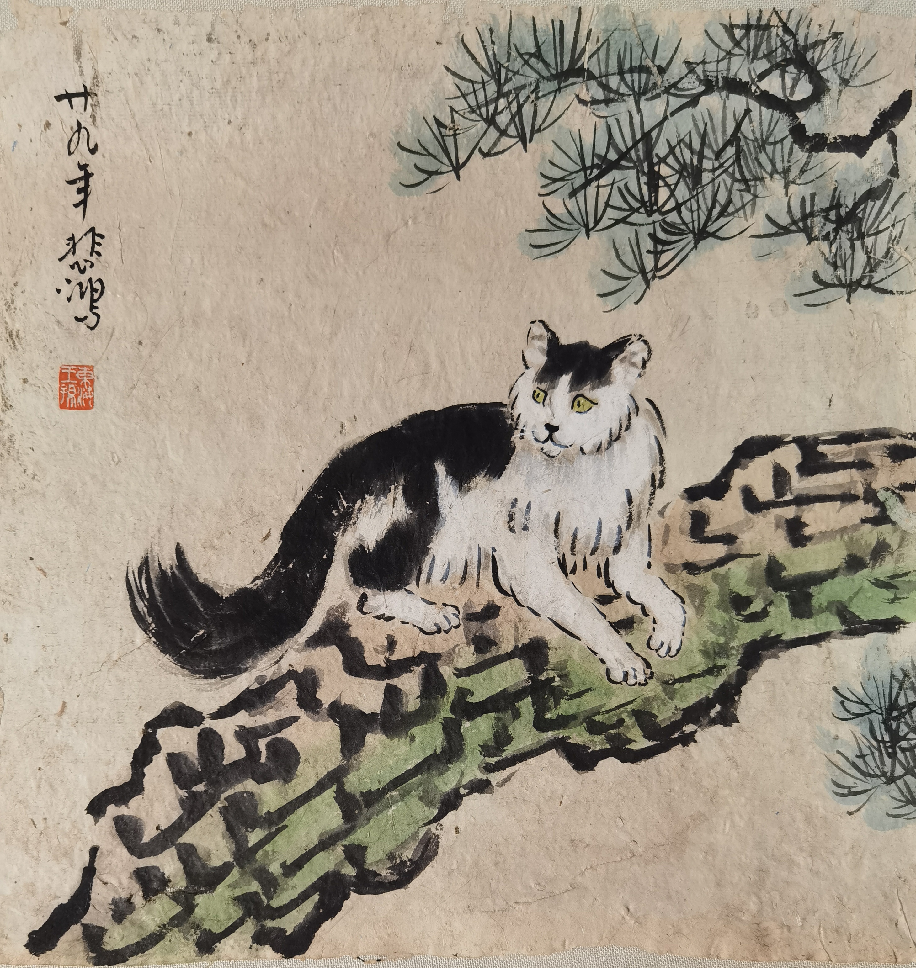 民国三十三年徐悲鸿绘制纸本设色马,猫,鹰画 尺寸45厘米x45厘米