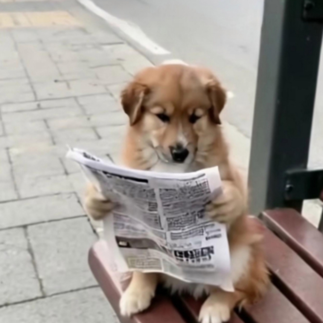 下午在小区楼下长椅上,竟看到一只拿着报纸看的小狗,虽说报纸拿反了