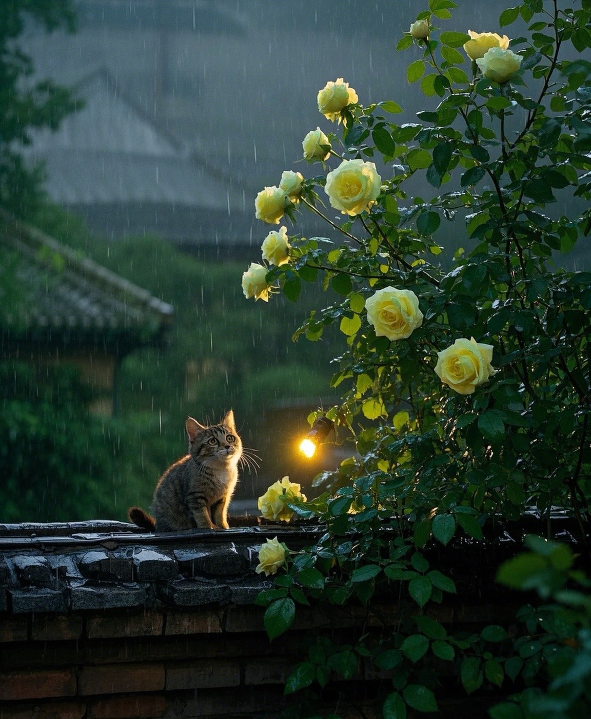 小猫安静蹲坐在墙头,仰起的脸被暖黄的灯晕染,耳尖竖着,却没捕捉到