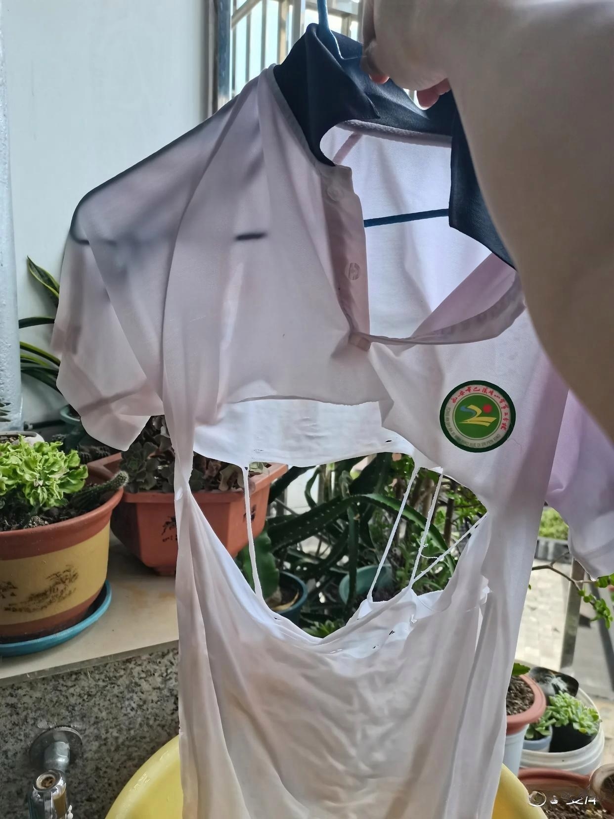 女儿的校服完整无损,然而儿子的校服稍用力手洗一番,就破烂成了这般