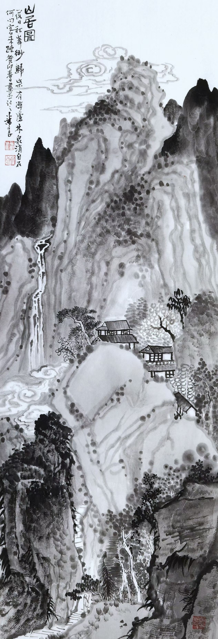 潘文良山水画精品 《山居图》 五绝(文/潘文良) 落日秋峰缈,归柴有敝