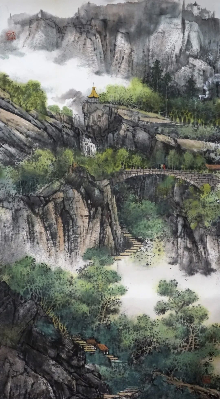 郜宗远的山水画喜欢对近景进行细致刻画,对远景进行概括处理,并且在