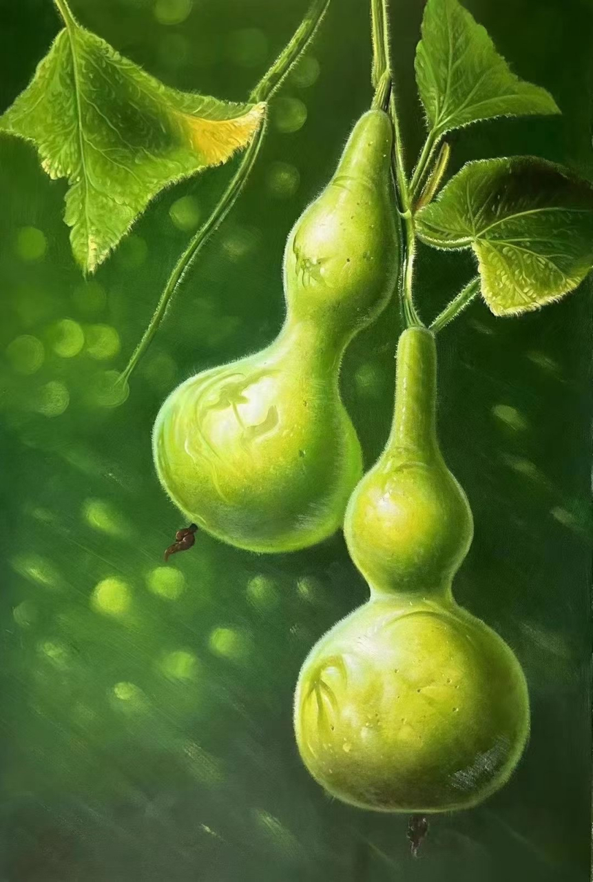 写实油画作品#艺惠藏137187#  两个葫芦叶子,生机勃勃的绿色世界95