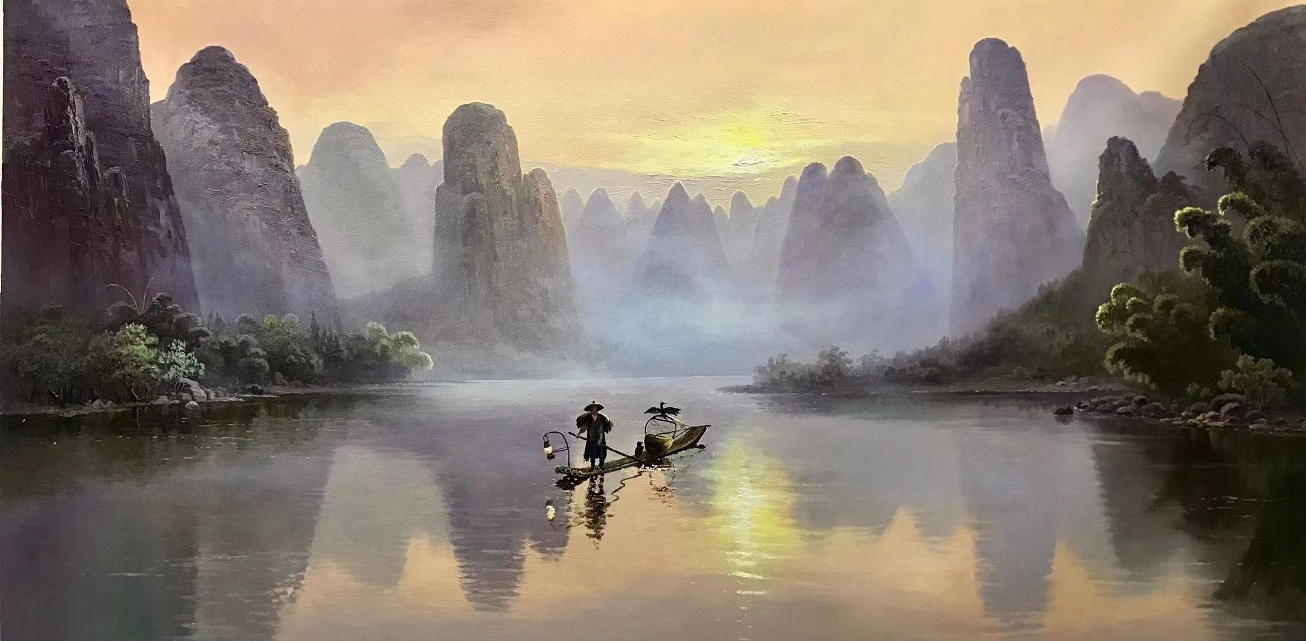 龙蟠纯手绘油画原创新品: 《渔歌》:90/180cm,现品!