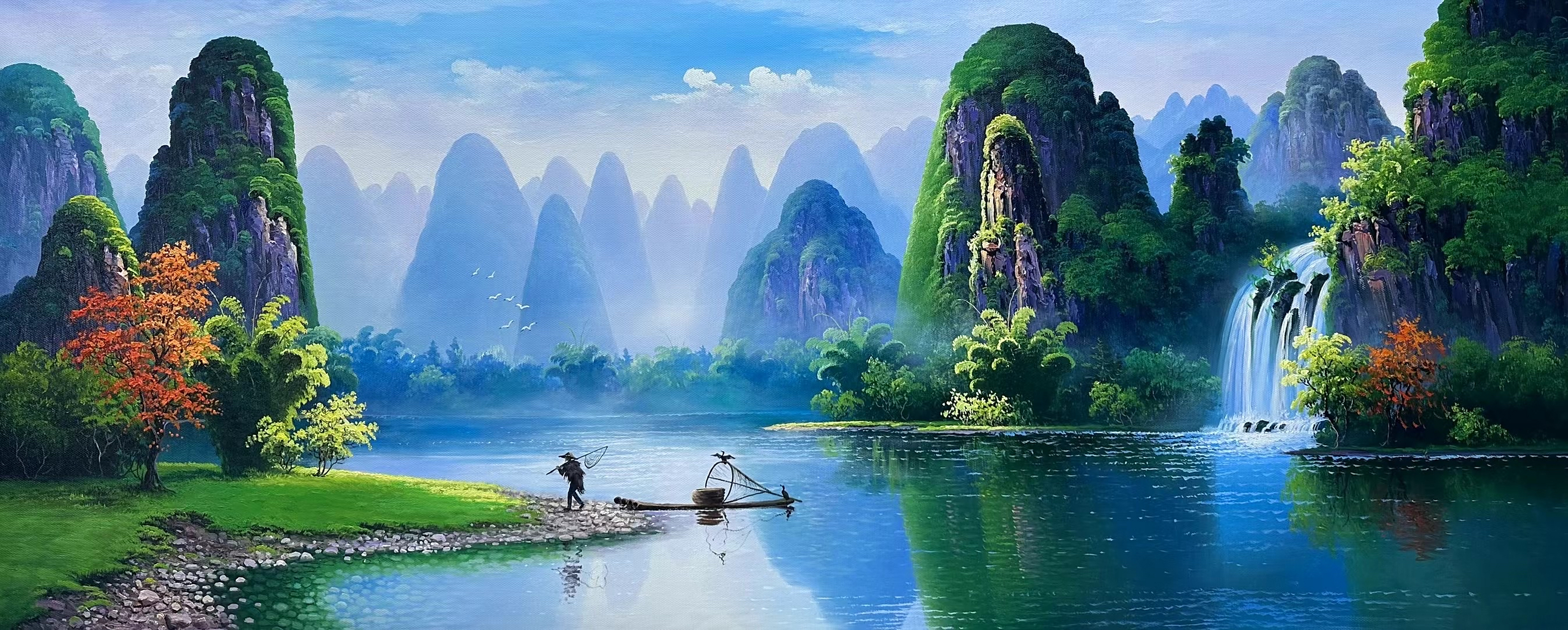 "尝试置身于这幅山水画中,仿佛能感受到大自然的壮丽与宁静