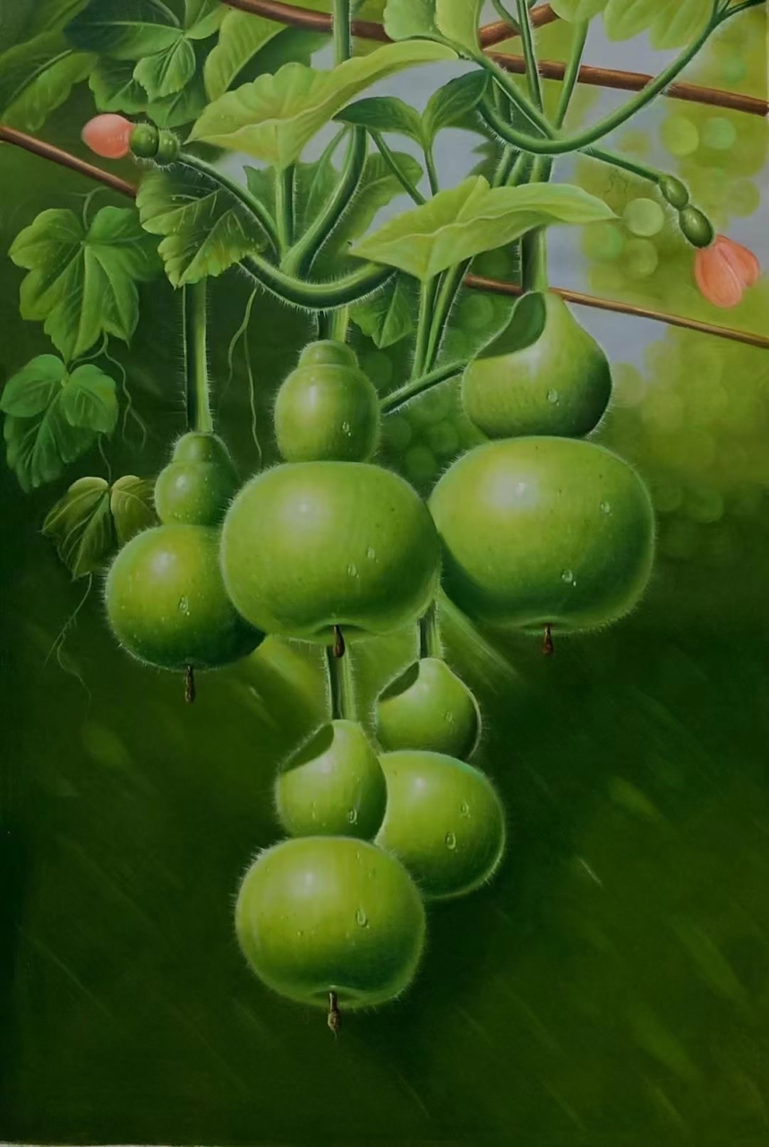 写实油画作品#艺惠藏137187#  两个葫芦叶子,生机勃勃的绿色世界95