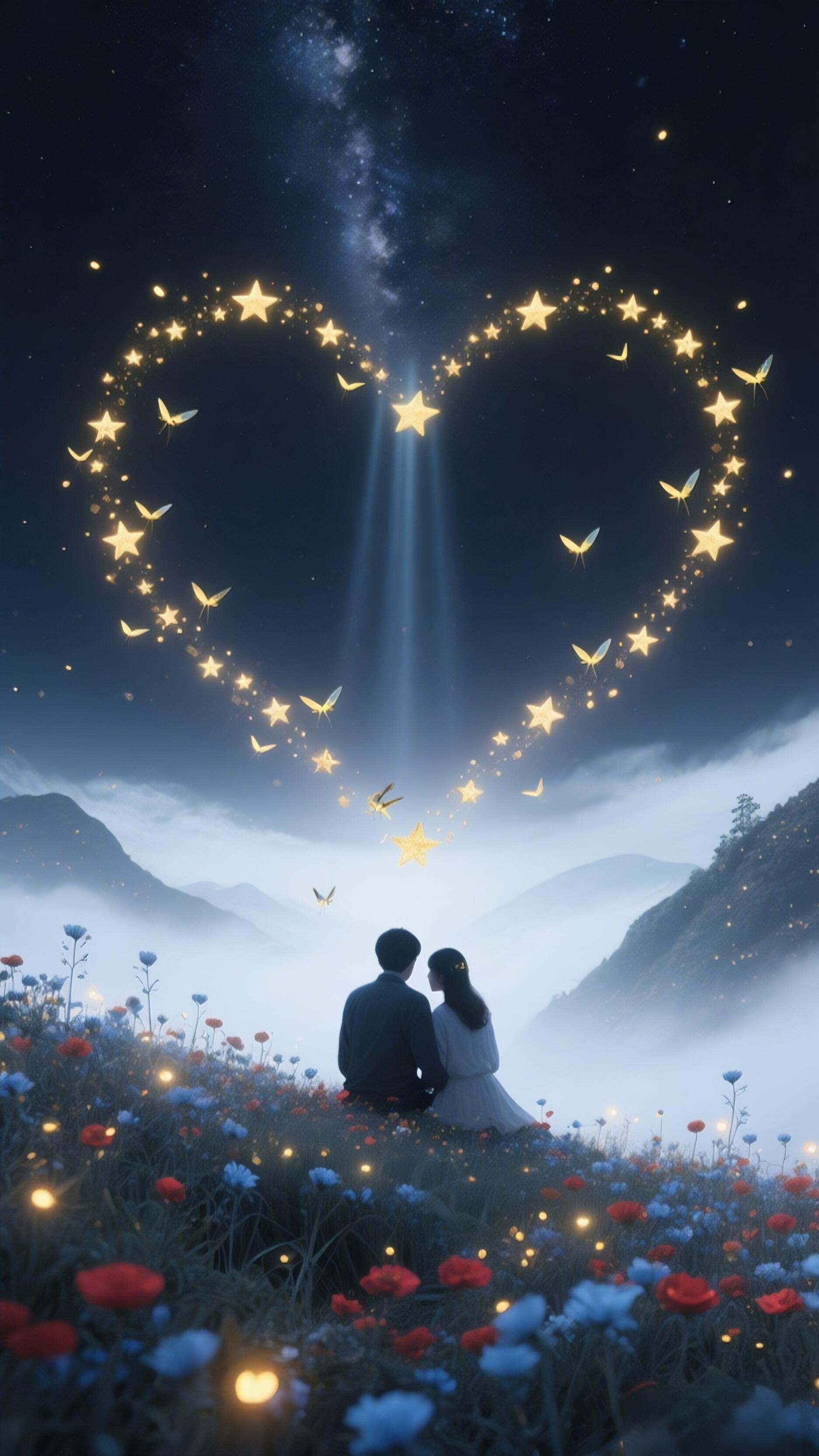 抬眸,心型萤光在星空下曼妙闪烁,似爱神轻捻的情丝,缠绕着无尽温柔