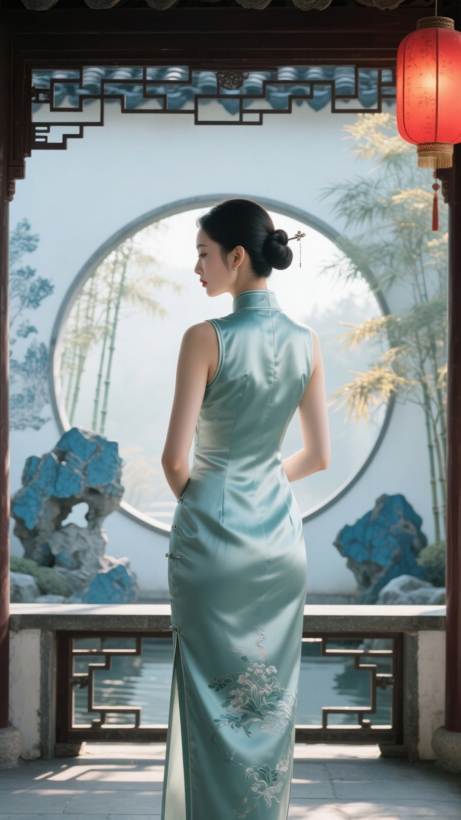 一袭淡雅旗袍,背影娉婷,如诗如画,在古韵庭院中,尽显温婉风姿