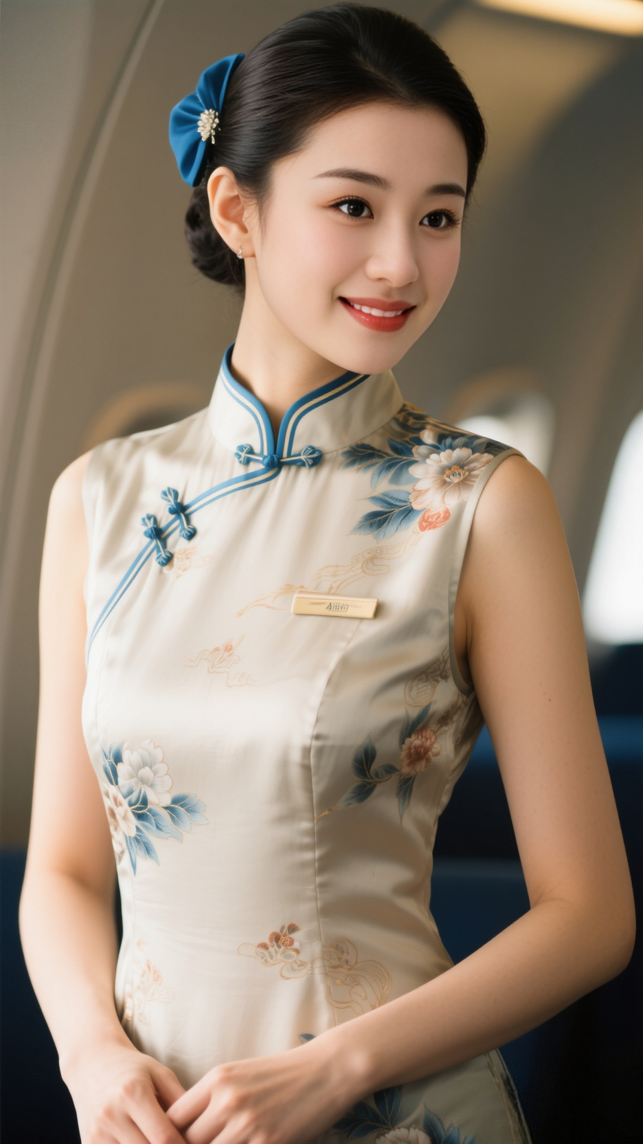 身着旗袍的空姐,如淡雅的幽兰绽放在机舱