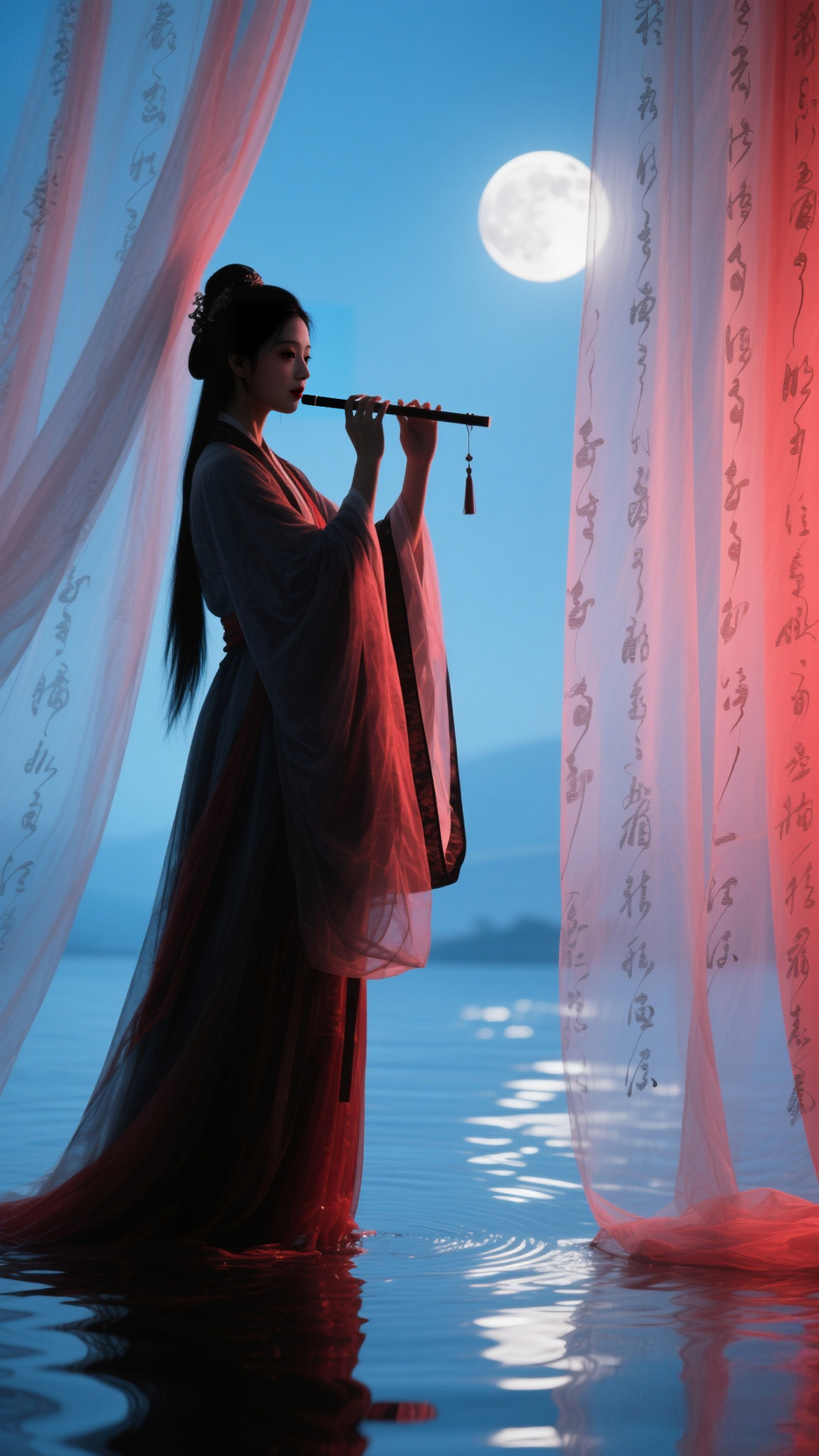 吹箫古装美女背景傍晚图片古风红衣女子图片吹笛短笛伴月醉秋图片美女