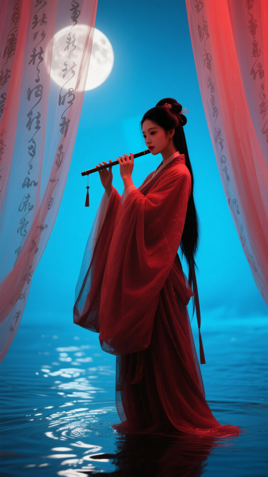 古风红衣女子图片吹笛笛族舞蹈图片高清汉服笛子ai清风明月古装图片