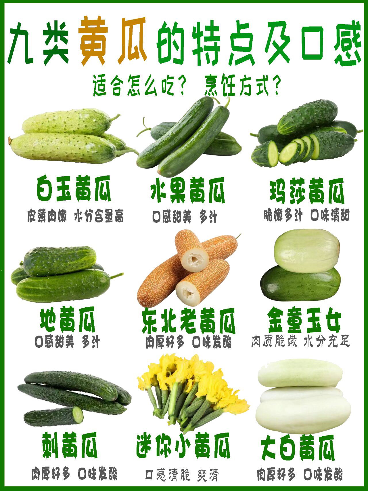 常见9种黄瓜的口感与特点介绍 黄瓜是一种常见且受欢迎的蔬菜,具有