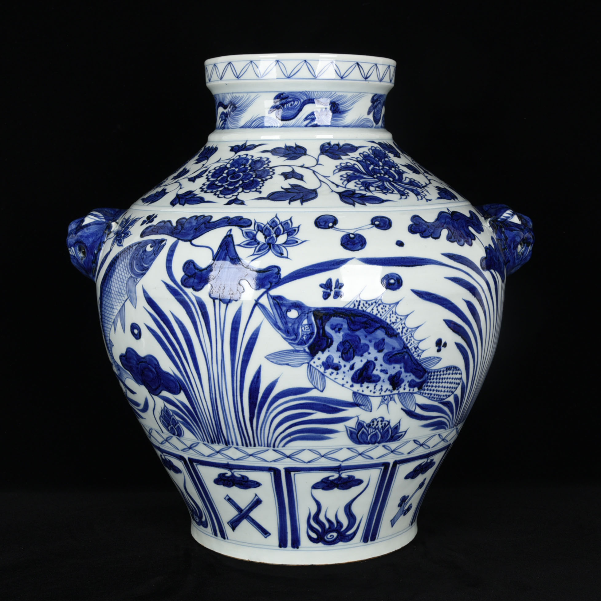 热点引擎计划#元青花成吉思汗款鱼藻纹兽头罐 高40cm          直径
