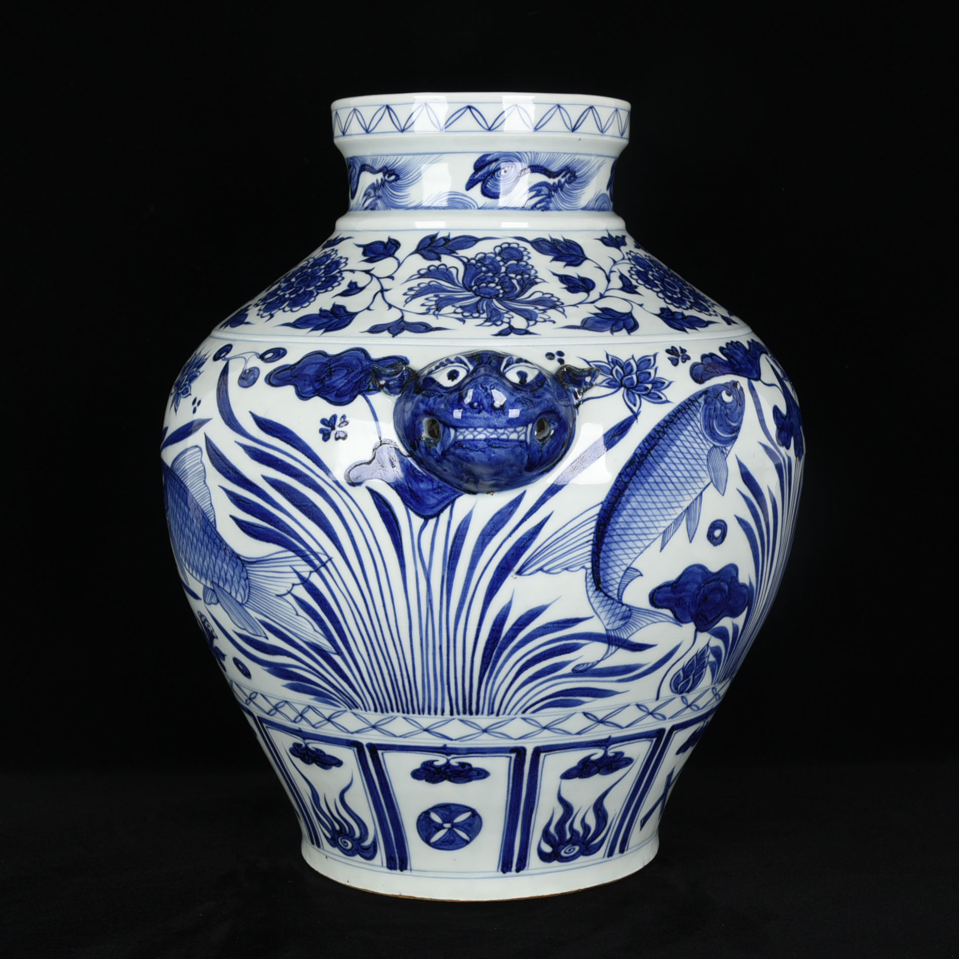 热点引擎计划#元青花成吉思汗款鱼藻纹兽头罐 高40cm          直径