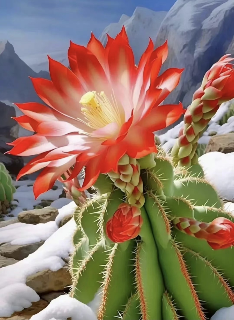 ai创意与绘画:雪中仙人掌,虽然仙人掌不可能在冬季大雪中盛开,但ai的