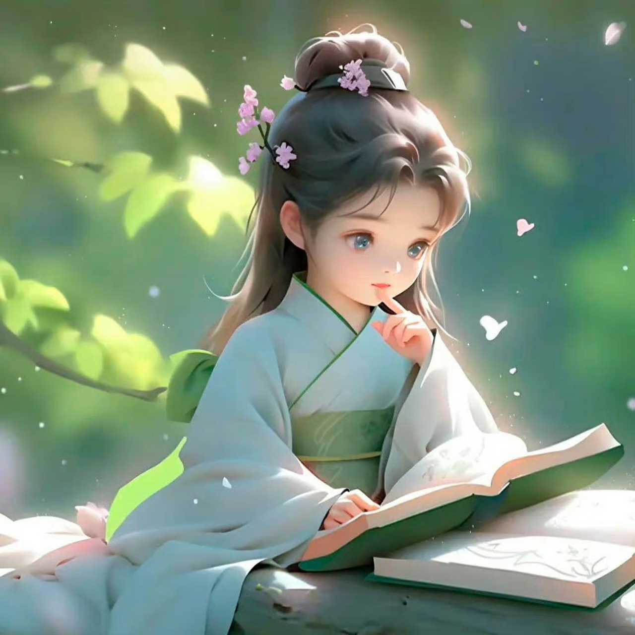 ai创意与创作:《读书》,汉服小姑娘爱读书,非常可爱,很精细的描述与