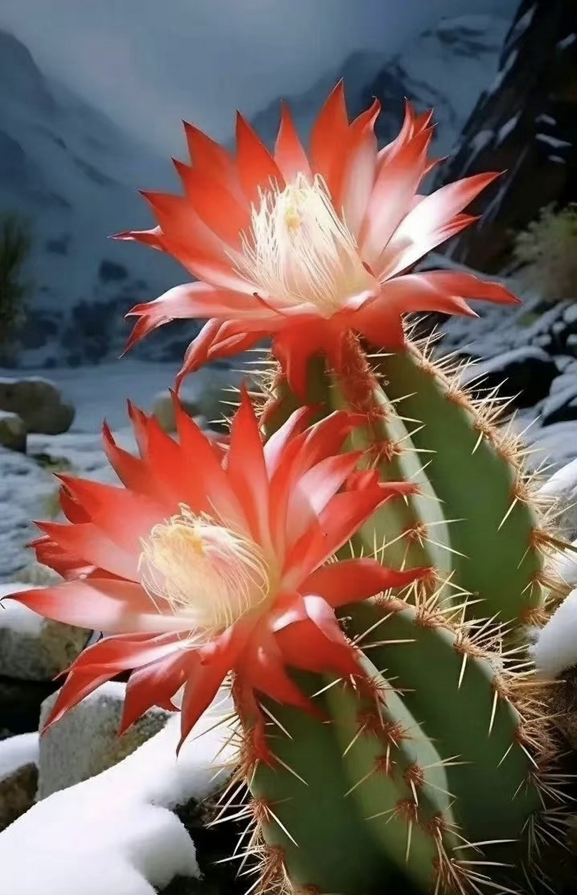 ai创意与绘画:雪中仙人掌,虽然仙人掌不可能在冬季大雪中盛开,但ai的