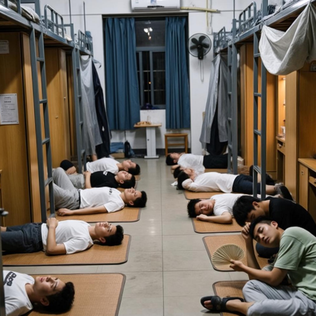 铺开凉席打地铺,体感直逼三十七八度,热得喘不上气