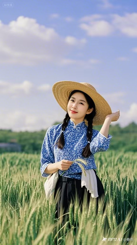 一位农村女青年头戴草帽,身着朴素衣衫,正弯腰劳作