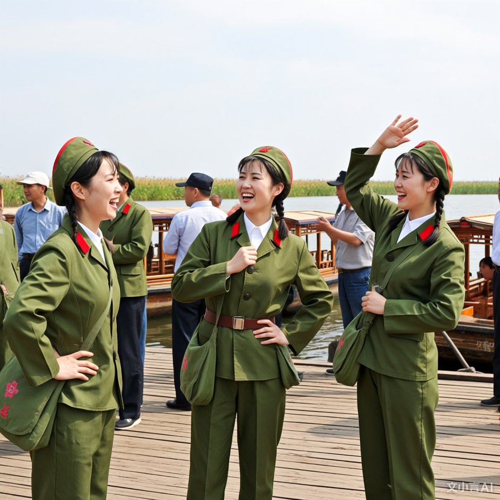 在风光旖旎的白洋淀,女兵们在湖边欢声笑语不断